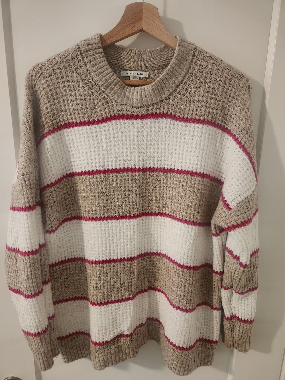 American Eagle Beige, White & Pink Striped Waffle Crew Sweater Small Oversized